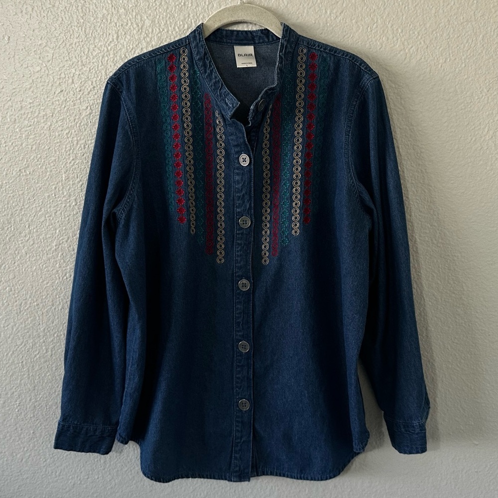 Blair |  100% Cotton Denim Embroidered Long Sleeve Button Down Shirt Size Large - Picture 2 of 7